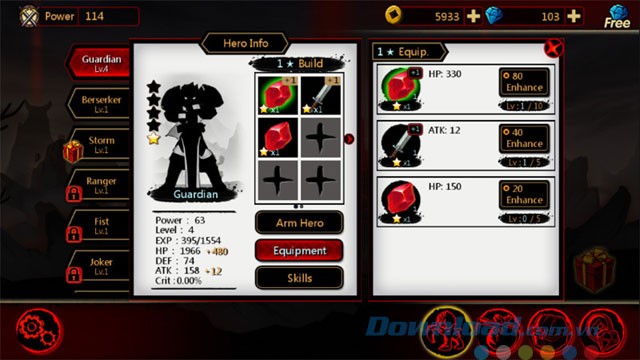 Lựa chọn trang bị cho nhân vật