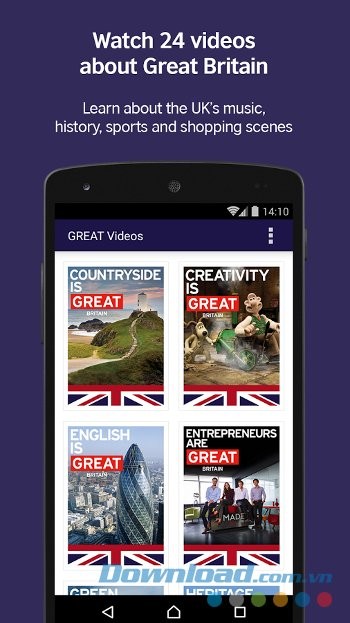 Bộ sưu tập video về nước Anh của LearnEnglish GREAT Videos là ứng dụng học Tiếng Anh qua video có phụ đề rất hữu ích. Không những thế, người dùng còn được khám phá nhiều địa điểm nổi tiếng tại Vương quốc Anh với hàng loạt thông tin thú vị.