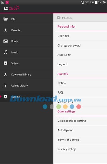 Menu ứng dụng LG Cloud cho Android