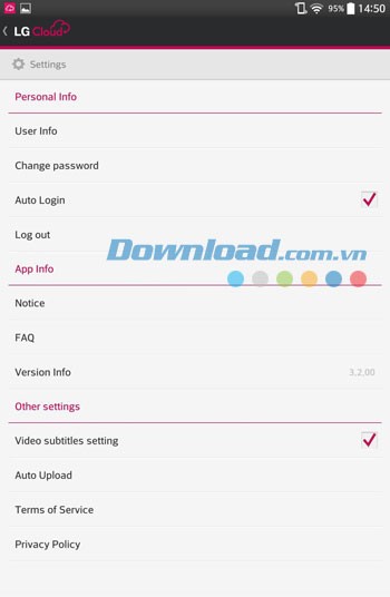Các cài đặt chính của LG Cloud cho Android