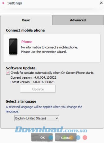 Giao diện cài đặt của LG On-Screen Phone