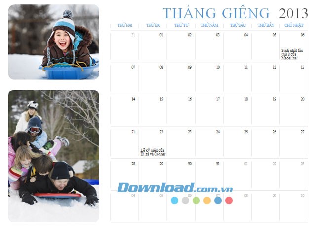 Lịch ảnh 2013 (Thứ Hai-Chủ Nhật)