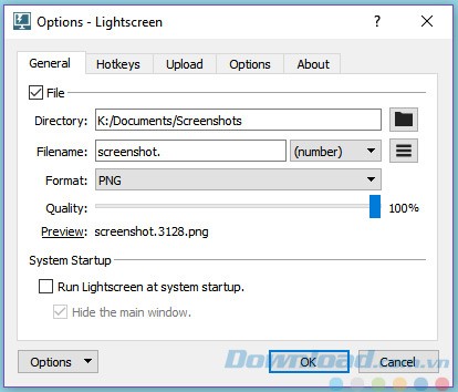Tùy chọn trong Lightscreen