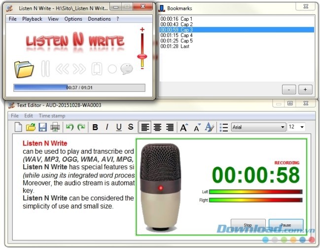 Giao diện sử dụng phần mềm ghi âm Listen N Write Free