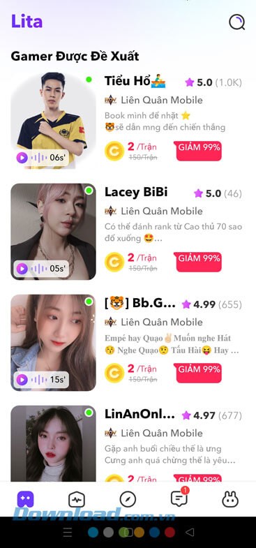 Hiển thị game thủ trên trang chủ Lita