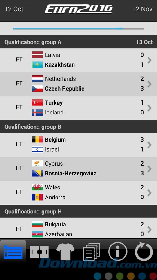 Giao diện ứng dụng LiveScore Euro 2016 cho Android