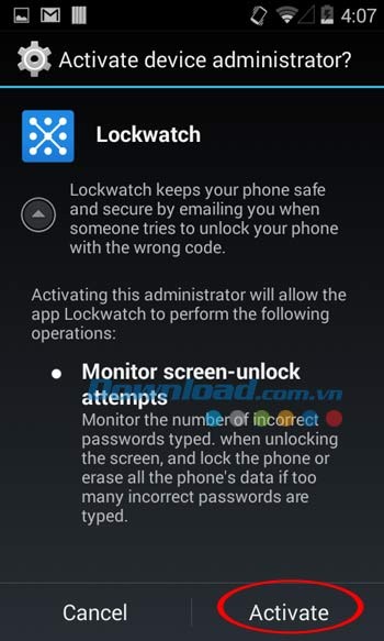 Kích hoạt ứng dụng Lockwatch