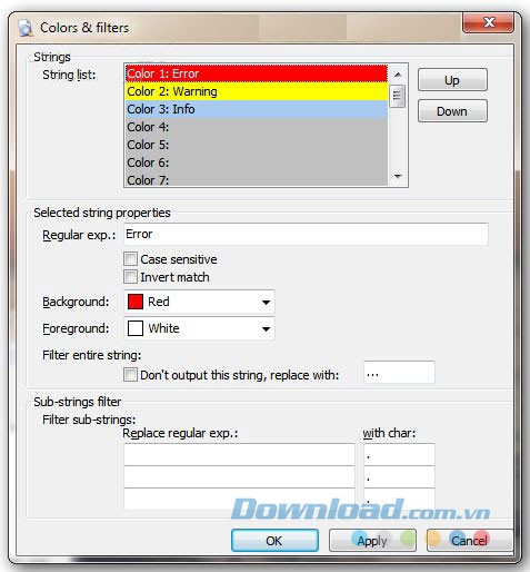 Lựa chọn thay đổi cho bộ lọc và đánh dấu dòng