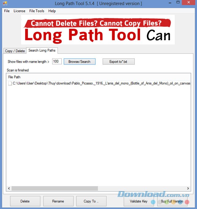 Các lựa chọn sau khi tìm ra file tên quá dài