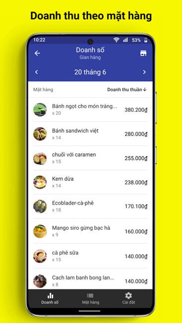 Doanh thu hiển thị theo mặt hàng