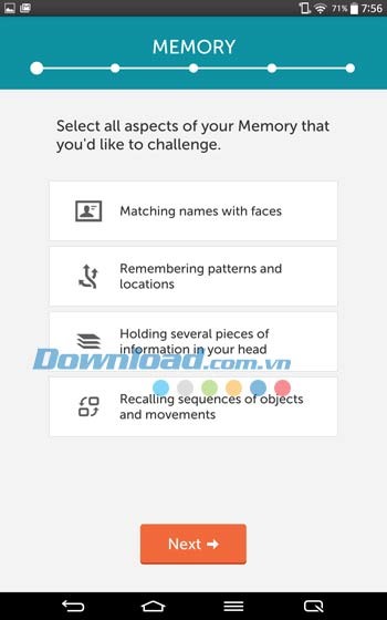 Lumosity gợi ý các bài kiểm tra trí nhớ theo yêu cầu của người dùng