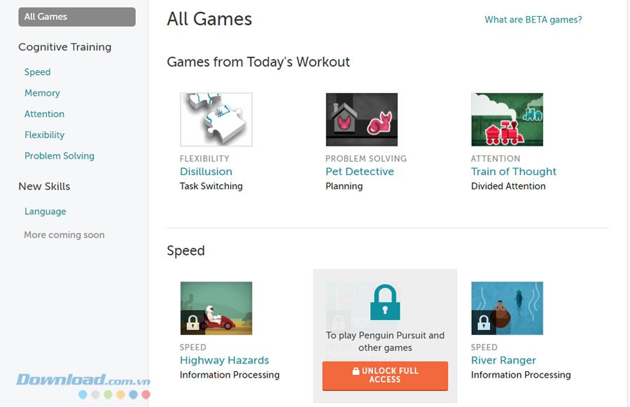 Lumosity mang tới nhiều game bổ ích