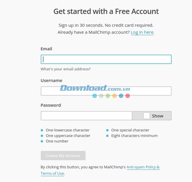 Giao diện đăng ký tài khoản MailChimp