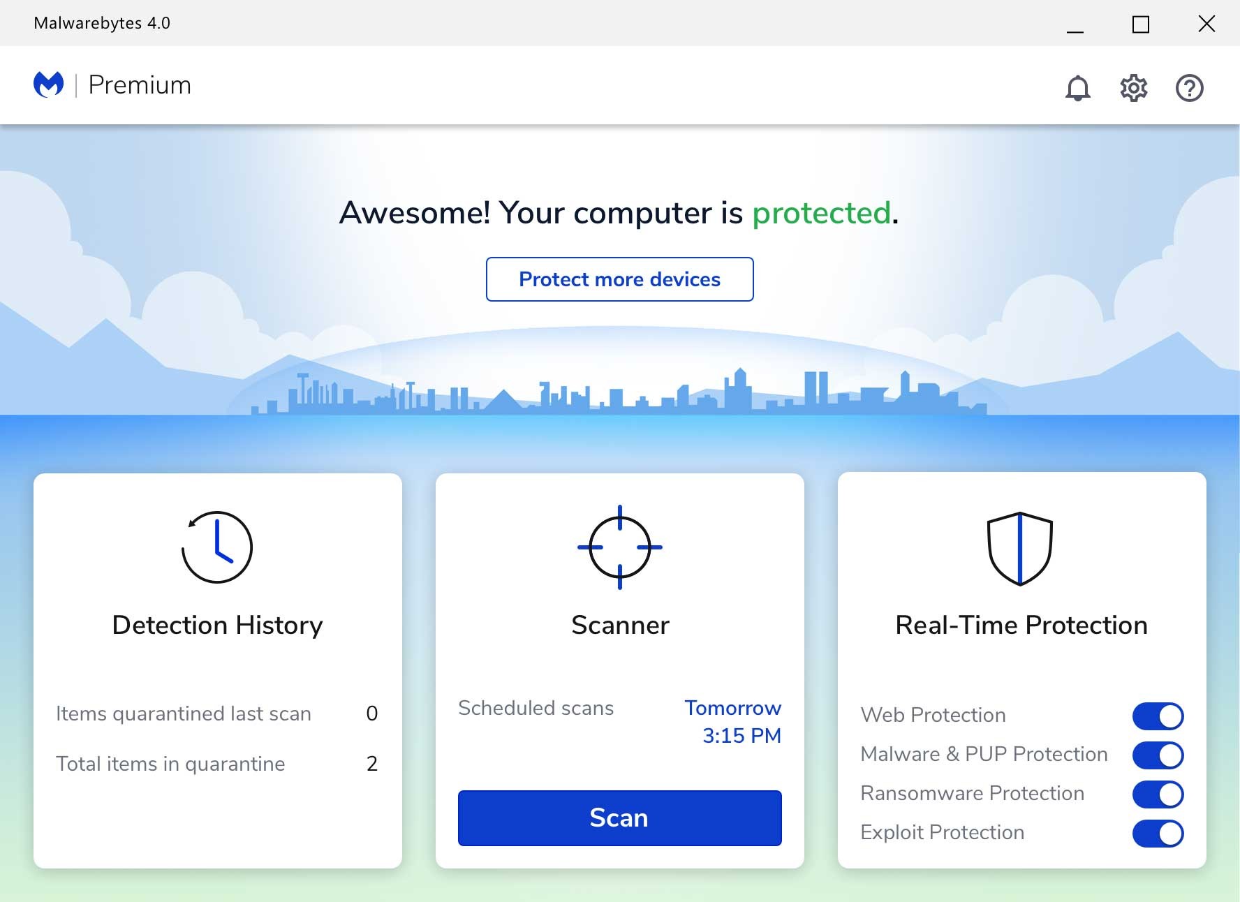 Giao diện màn hình chính của Malwarebytes Premium 4.0