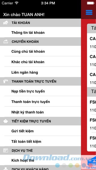 Danh mục chính của Maritime mBanking