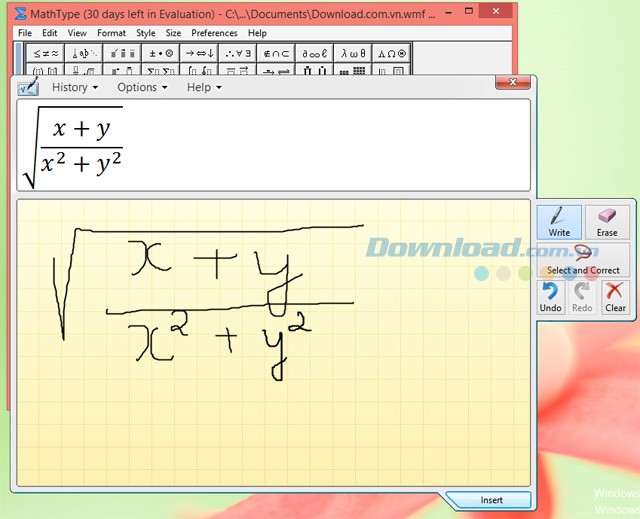 Giao diện MathType khi viết công thức bằng chuột