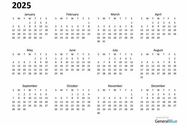 Mẫu lịch ngang đơn giản năm 2025