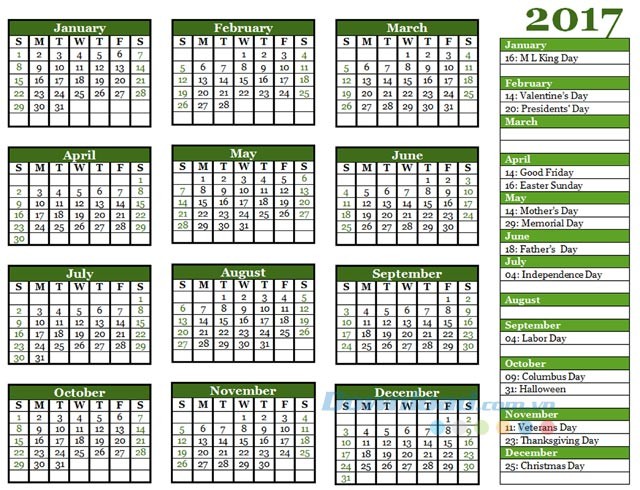 Mẫu lịch năm 2017