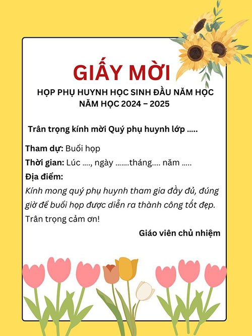 Giấy mời họp phụ huynh đầu năm đẹp