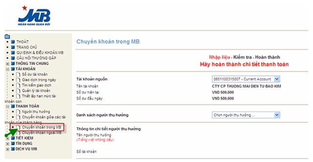 Giao dịch chuyển khoản trên MB Bank Online