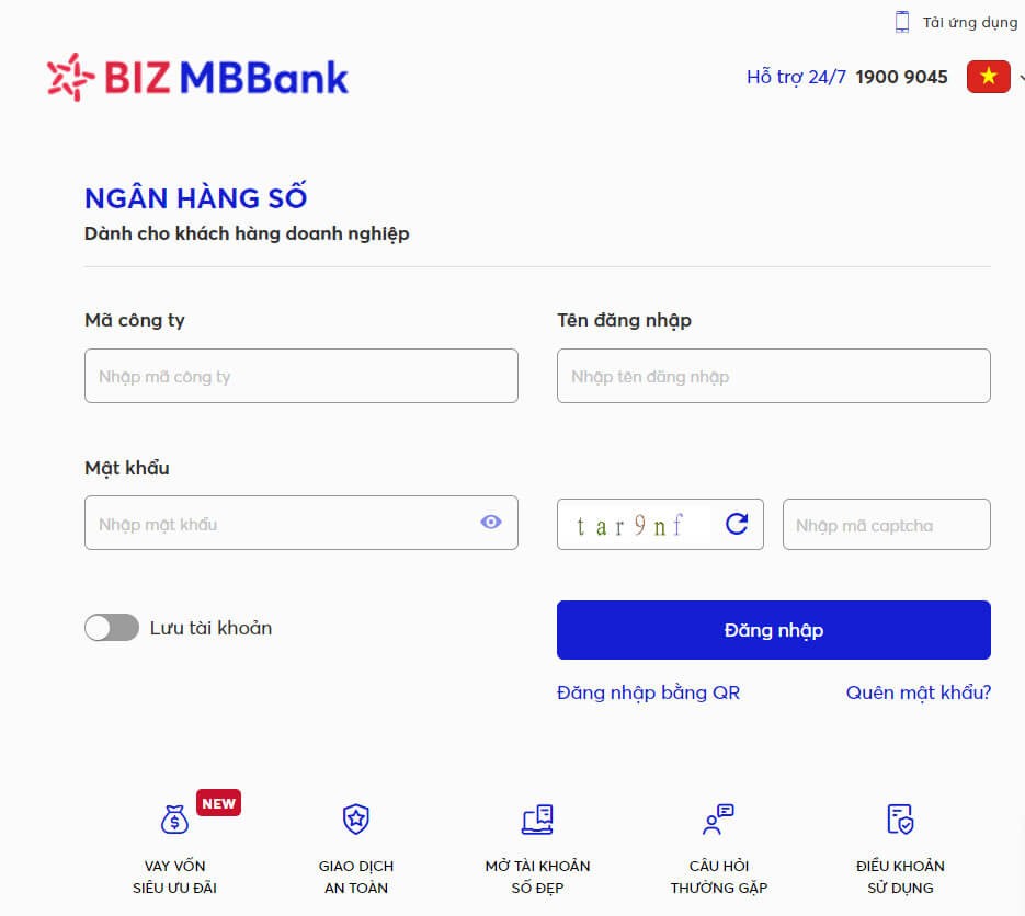 Giao diện đăng nhập tài khoản MBBank Digital Banking Corp