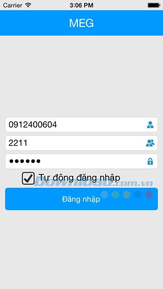 Màn hình đăng nhập dịch vụ tổng đài di động MEG