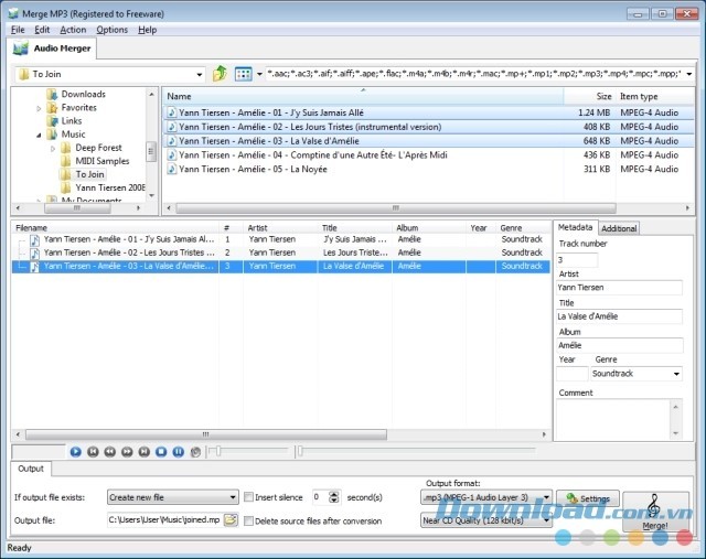 Giao diện chính của ứng dụng kết hợp tập tin âm thanh Merge MP3 cho máy tính