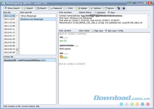 Giao diện MessengerLog