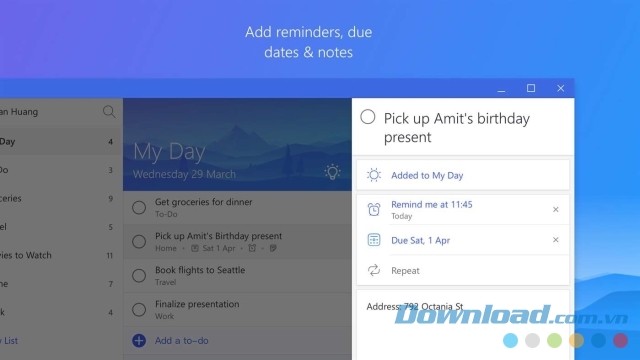 Sử dụng tính năng nhắc nhở đi kèm ngày tháng và ghi chú của ứng dụng quản lý công việc Microsoft To-Do cho máy tính và Windows Phone
