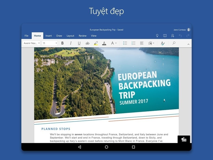 Giao diện của Word cho Android trên máy tính bảng