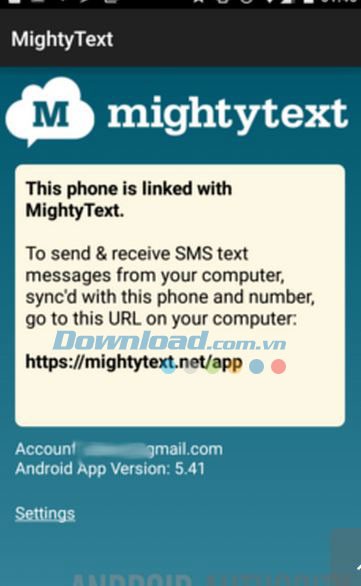 Thông báo cài đặt thành công MightyText trên điện thoại