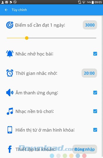 Cài đặt thời gian nhắc nhở, âm thanh