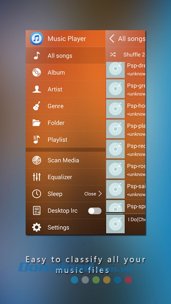 Menu ứng dụng MiniAndroid Music Player