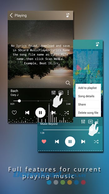 Các tùy chọn trên giao diện phát của MiniAndroid Music Player