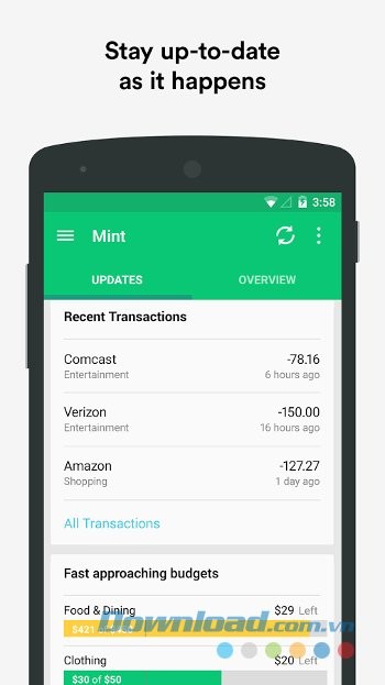 Cập nhật biến động các khoản thu chi nhanh chóng với Mint cho Android