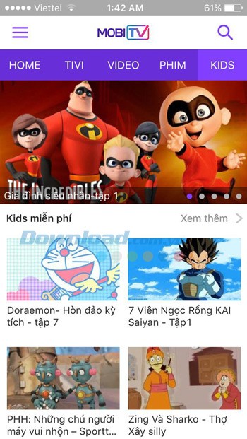 Xem chương trình thiếu nhi trên MobiTV