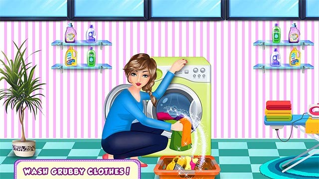 Giặt quần áo và dọn dẹp nhà cửa trong game Mommy's Busy Day