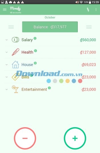 Bảng cân đối tài khoản trên Monefy cho Android