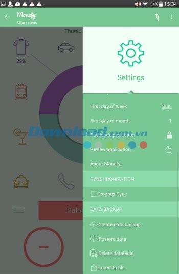 Các thiết lập trên Monefy cho Android