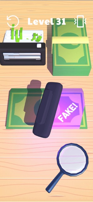 Dùng máy chiếu tia cực tím để phát hiện tiền giả trong game Money Buster