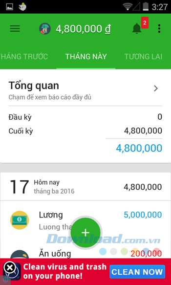 Giao diện chính của Money Lover cho Android