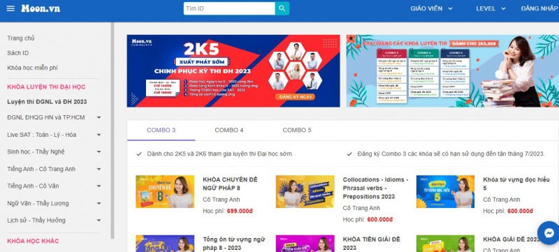 Giao diện trang chủ Moon.vn - Hệ thống học online từ lớp 10 đến lớp 12