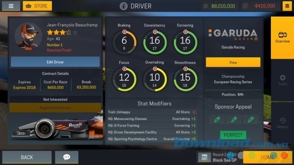 Motorsport Manager Mobile 2 cho Android hiển thị chi tiết thông tin tay đua để người chơi lựa chọn