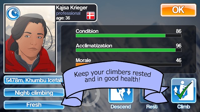 Luôn theo dõi các chỉ số của nhà leo núi để đảm bảo an toàn khi chơi Mount Everest Story