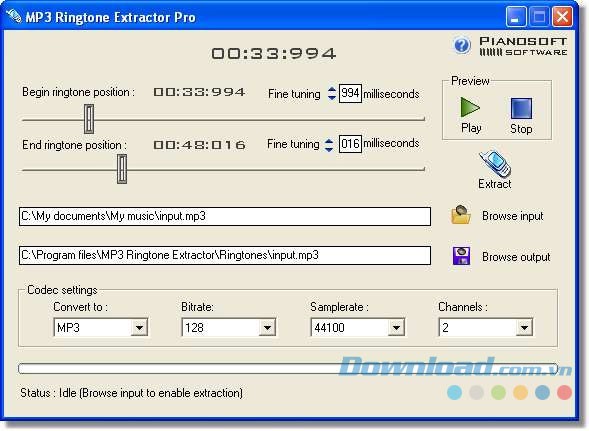 Giao diện phần mềm MP3 Ringtone Extractor