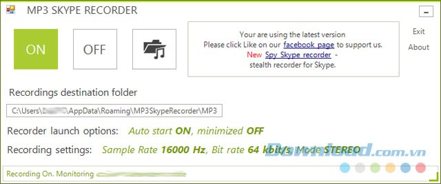 Giao diện phần mềm MP3 Skype Recorder