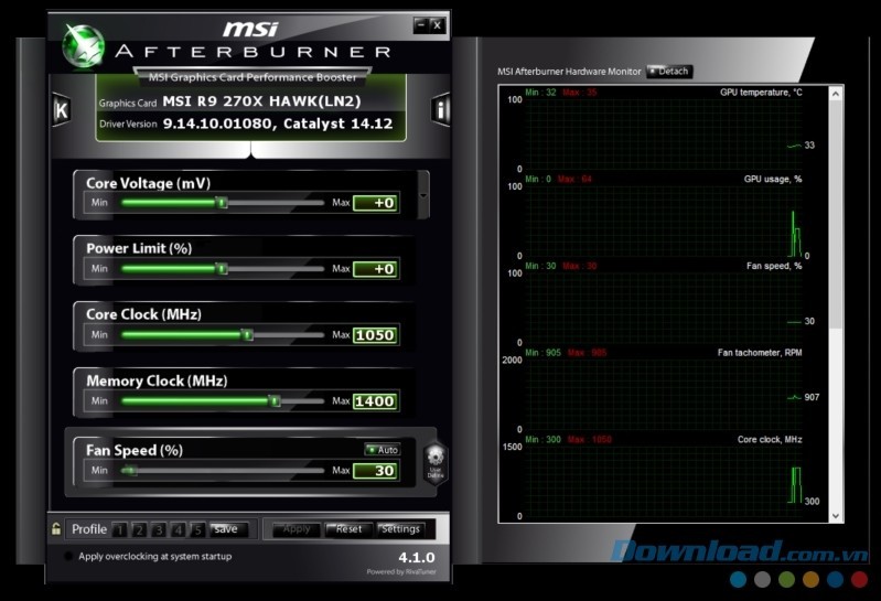 Giao diện chính của ứng dụng cải thiện card đồ họa MSI Afterburner cho máy tính