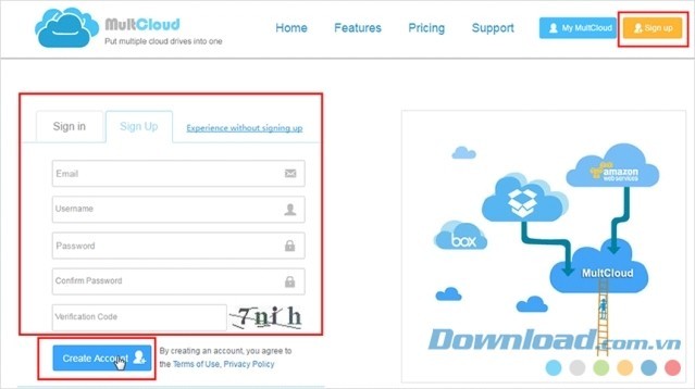 Đăng ký tài khoản MultCloud để chuyển đổi dữ liệu