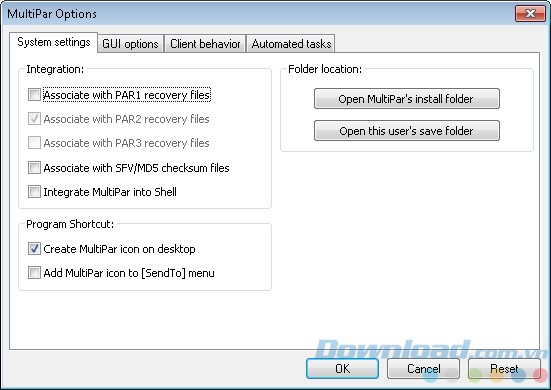 Một số tùy chọn khác của MultiPar