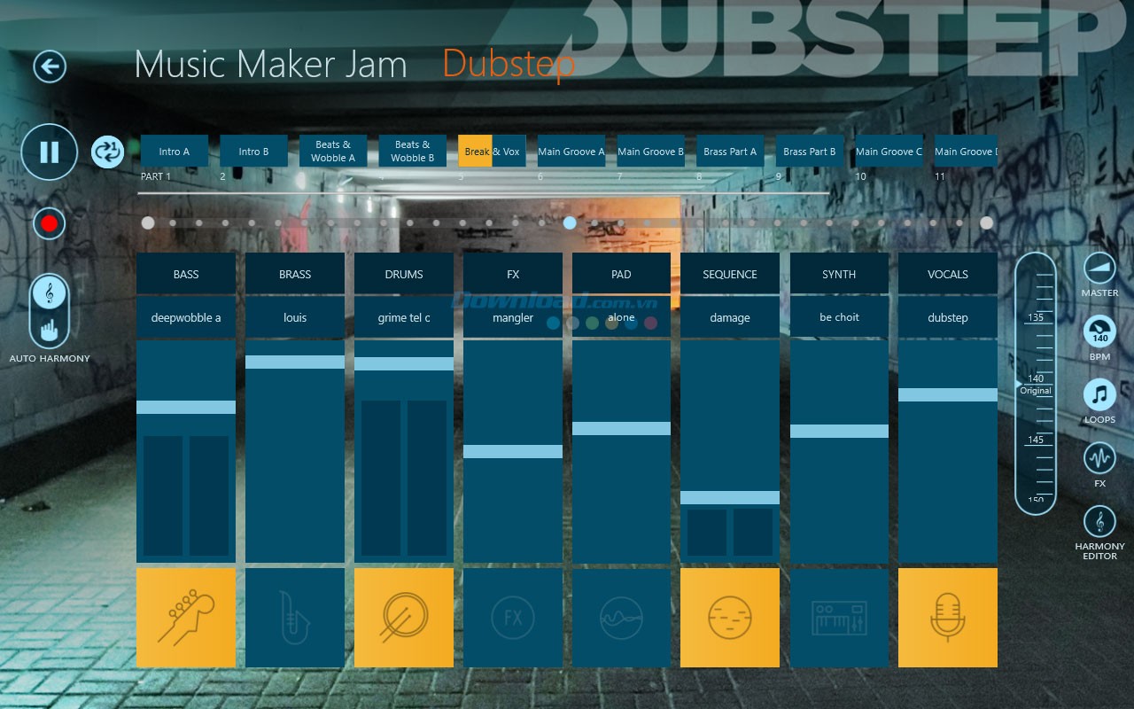 Giao diện làm việc của Music Maker Jam